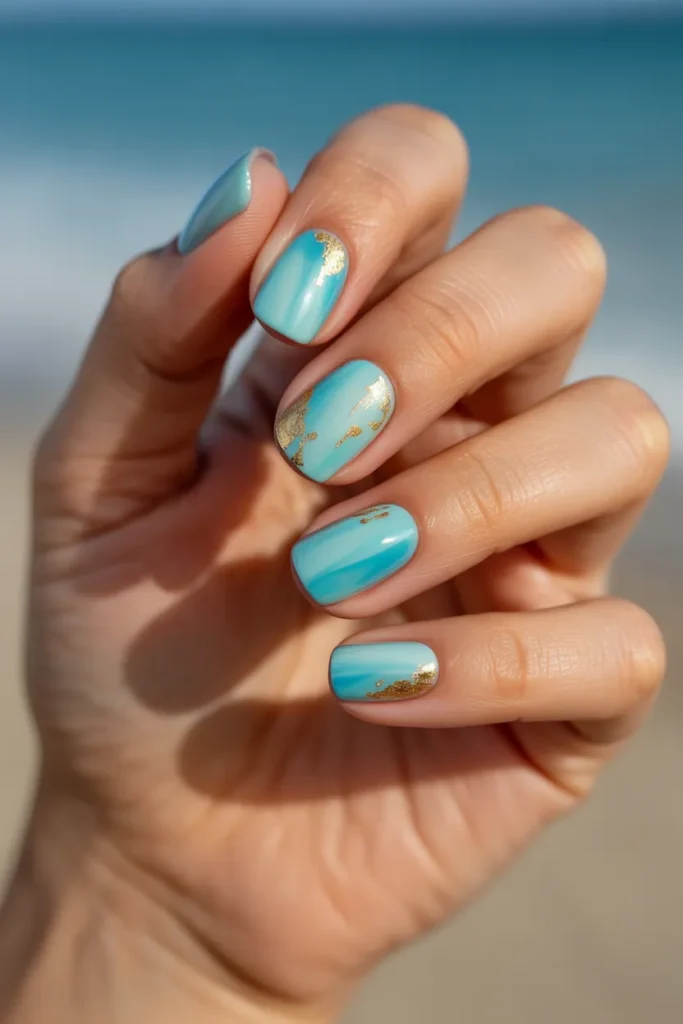 Shiny Aquamarine with Gold Leaf Accents