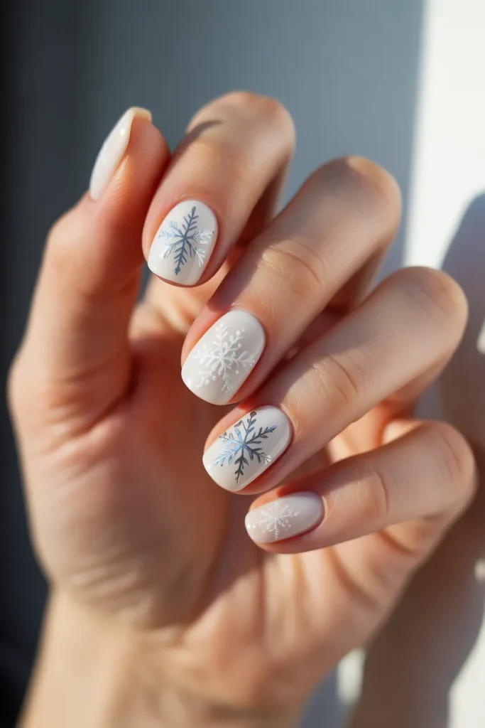 Snowflake Art on White Nails