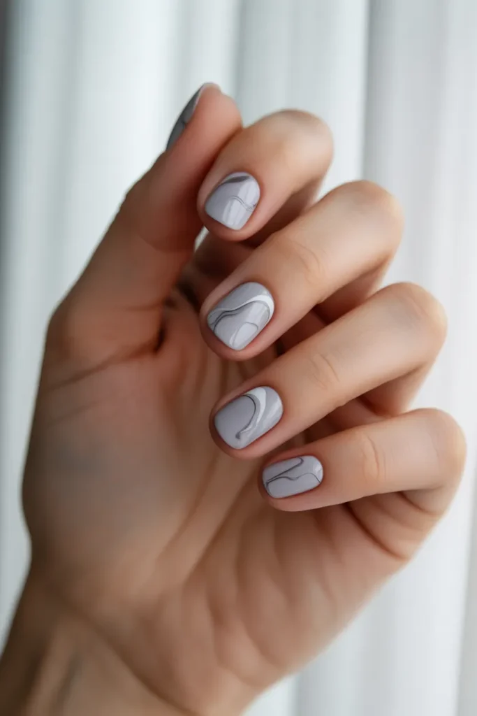 Soft Grey Nails with Marble Swirls