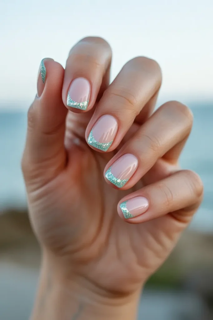 Soft Pink and Seafoam Glitter Tips