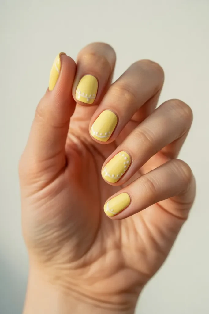 Soft Yellow Nails with White Accents