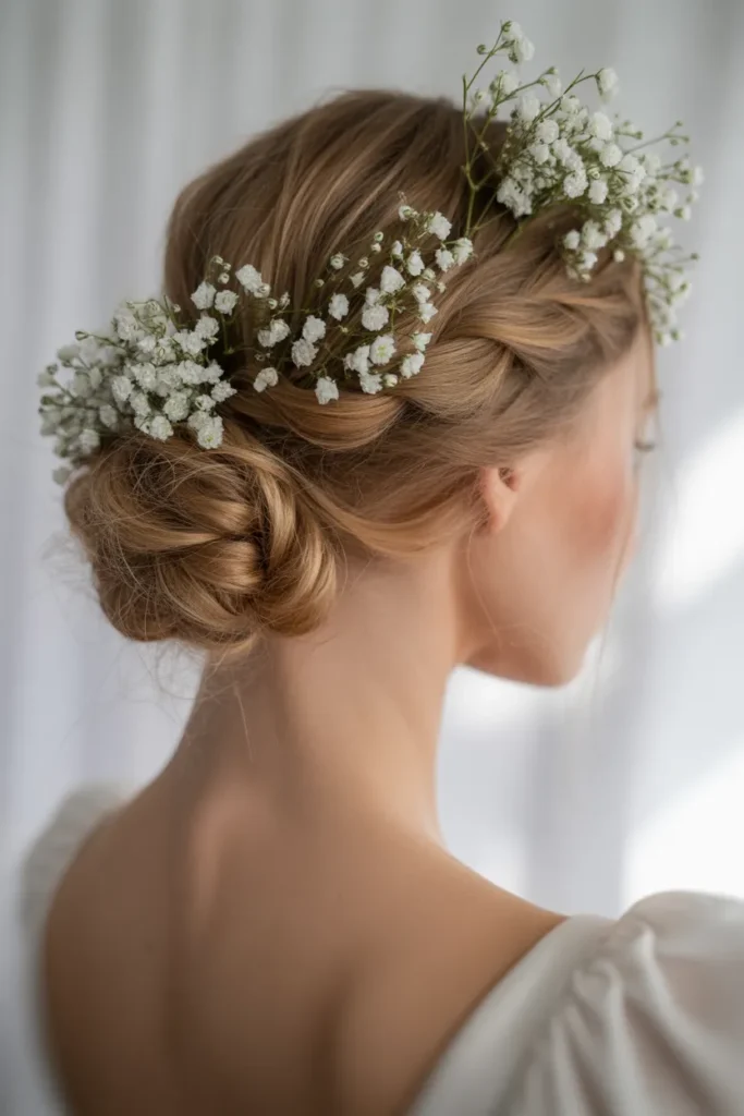 Textured Low Bun with Baby’s Breath