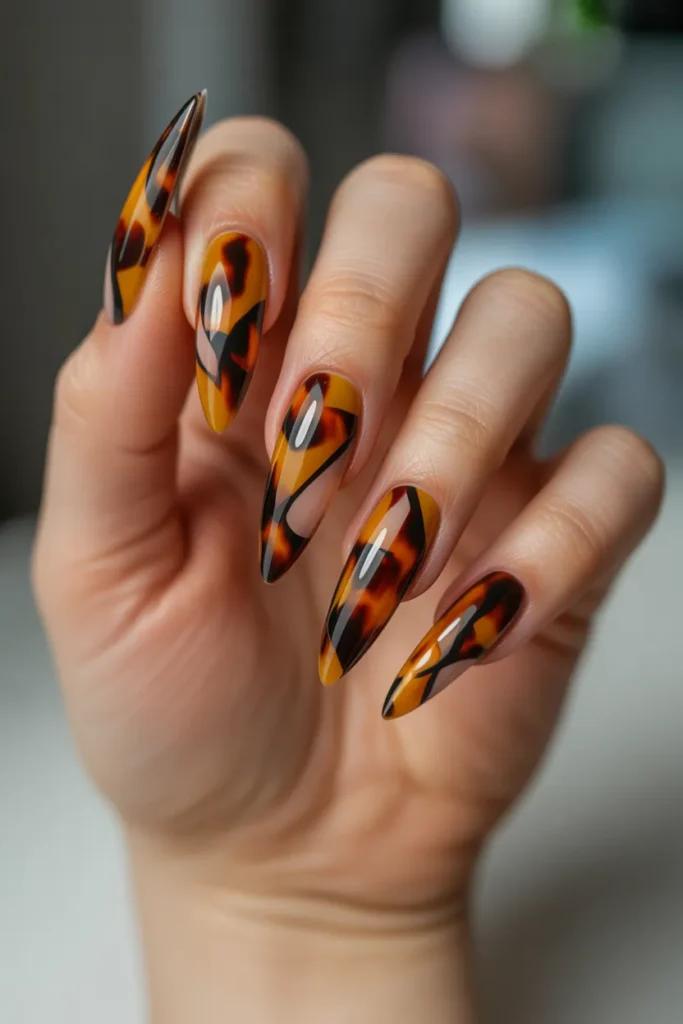 Tortoise Nails with Abstract Art
