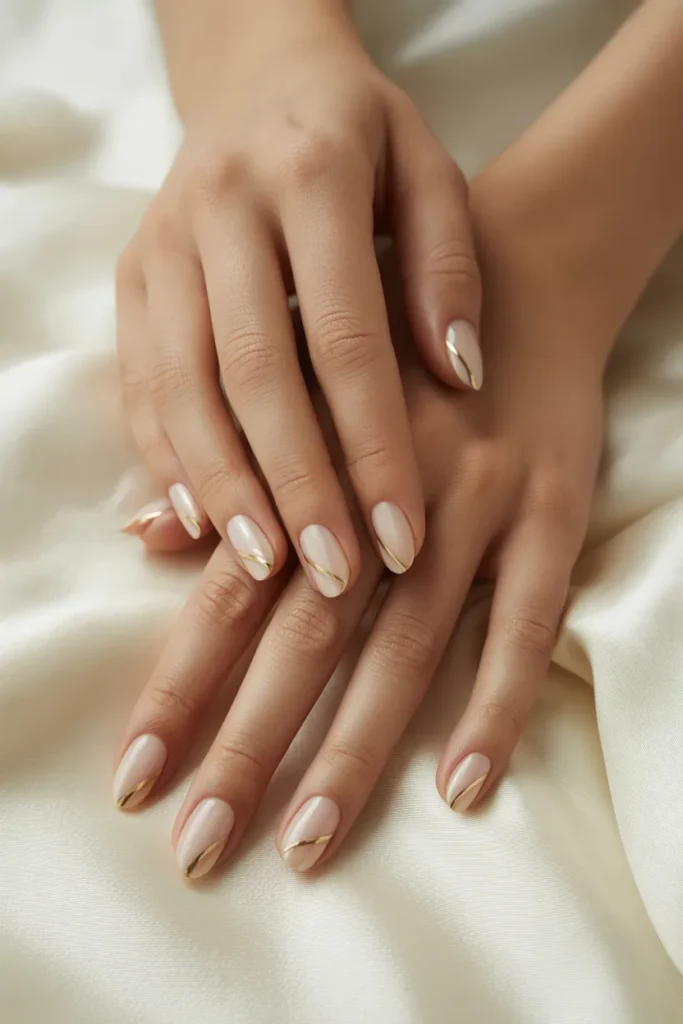Translucent Nude Nails with Gold Striping