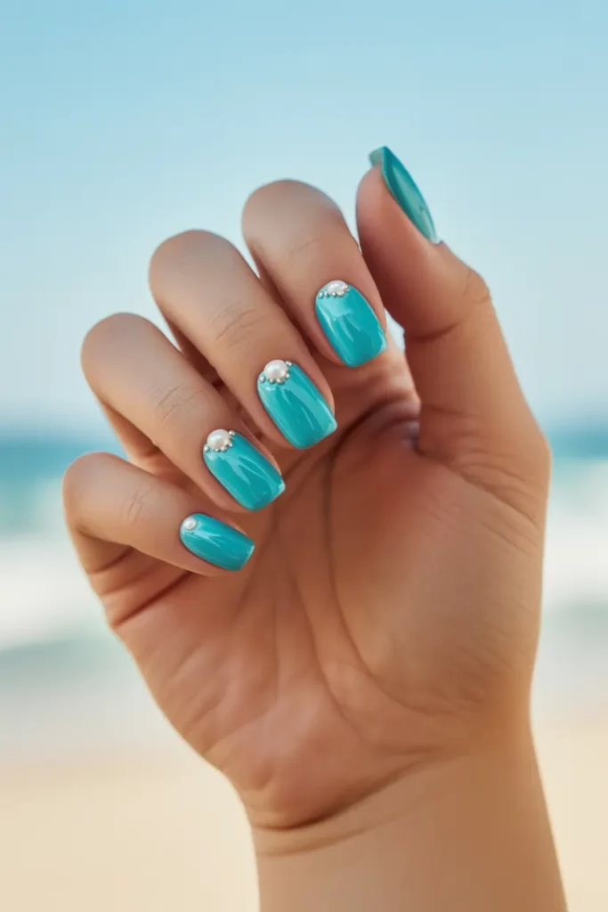 Turquoise and Pearl Accent Nails