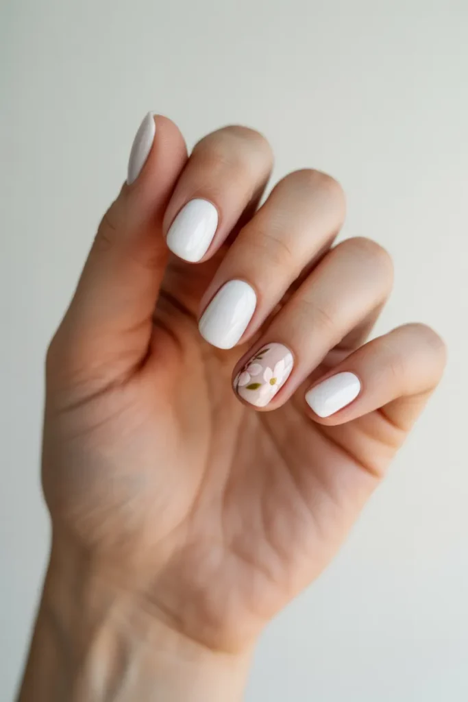 White Floral Accent Nails