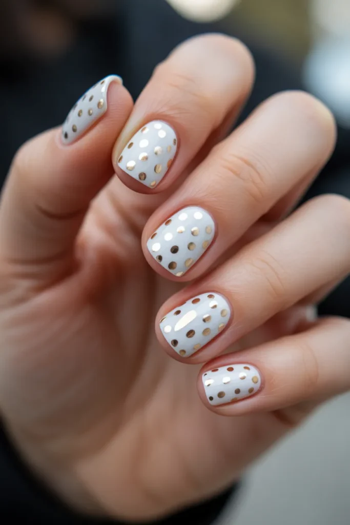 White Nails with Metallic Gold Dots