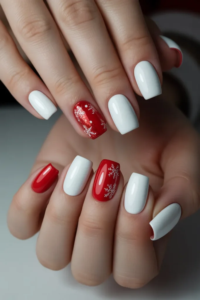  White Nails with Red Accent Nail