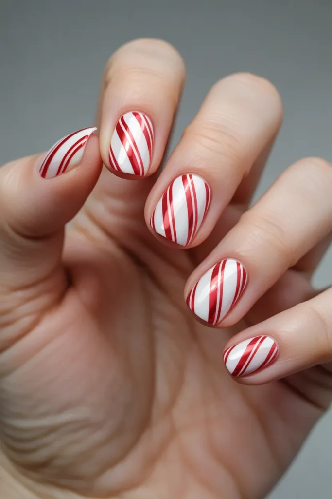 White Nails with Red Candy Cane Stripes