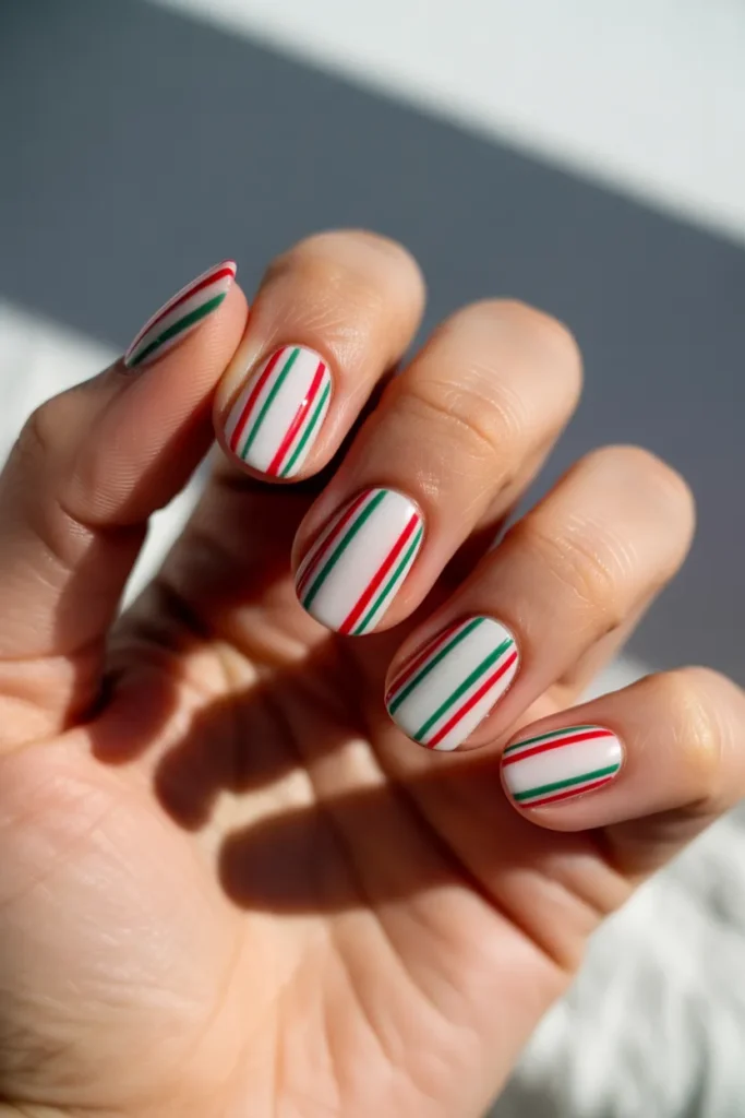White Nails with Red & Green Stripes