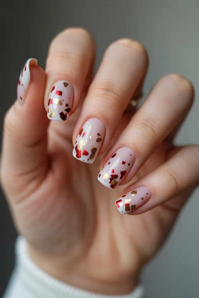 White Nails with Red and Gold Confetti
