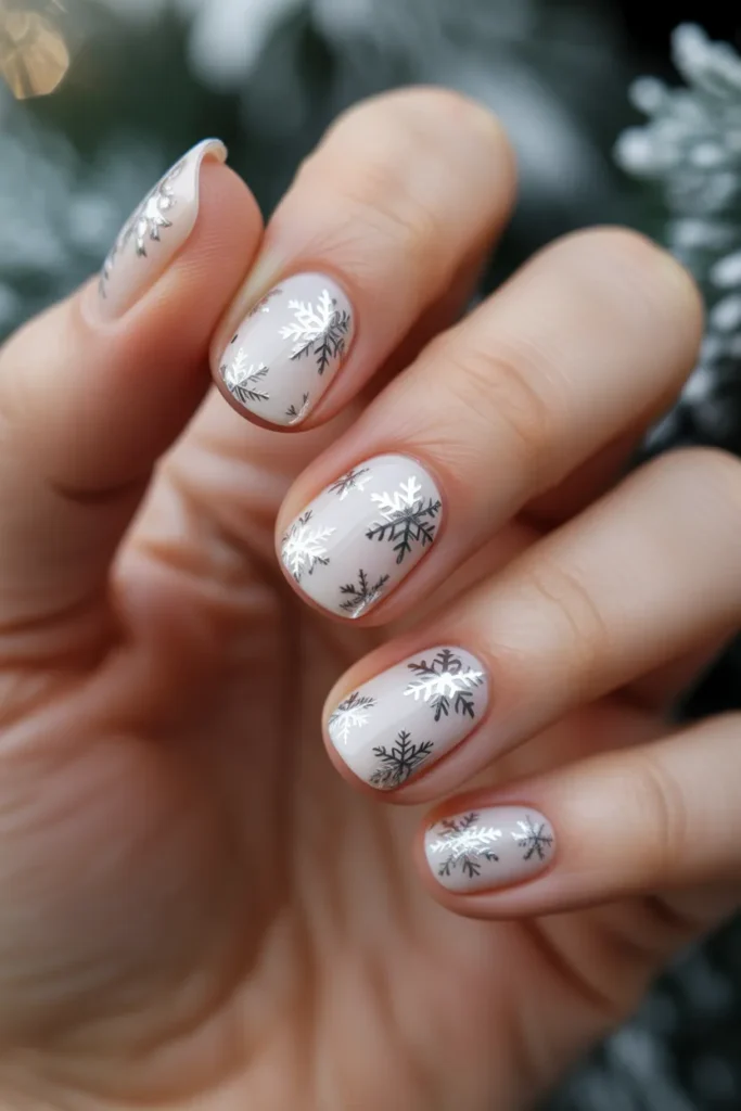 White Nails with Silver Snowflake Decals