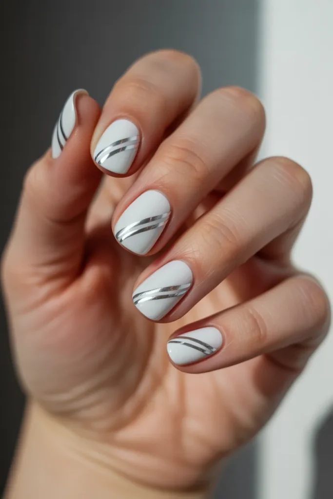 White Nails with Silver Stripes