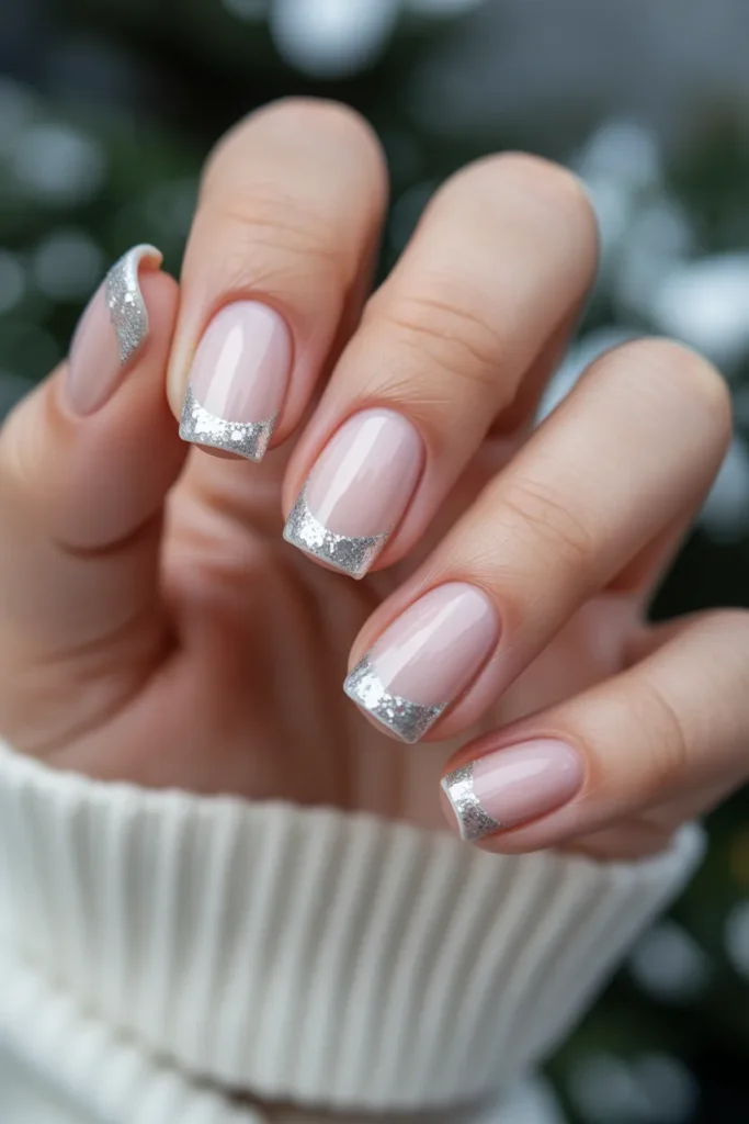 White Nails with Snowy Glitter Tips